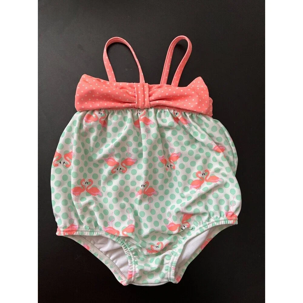 Baby Girl's Flamingo Polka Dot One-Piece Swimsuit 3-6 Months Peach Green Bow